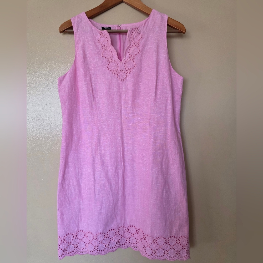 Talbots Pink Linen Blend Shift Dress 12P Sleeveless Eyelet Trim Preppy Feminine